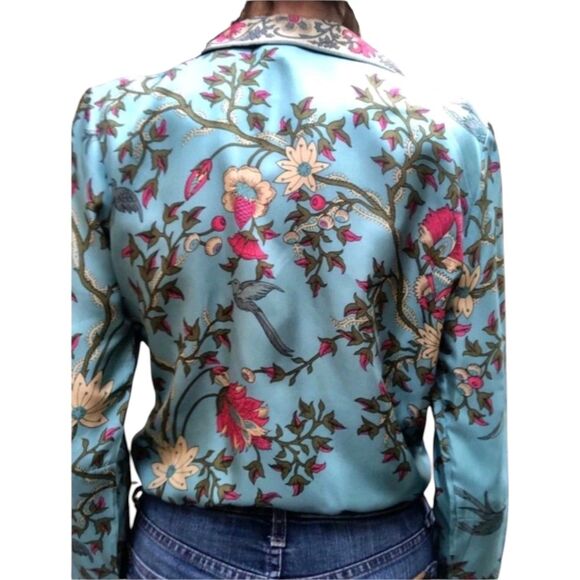 Plenty By Tracy Reese Size 6 100% Silk Blue Pink Floral Glamorous Blouse Career - Picture 4 of 15